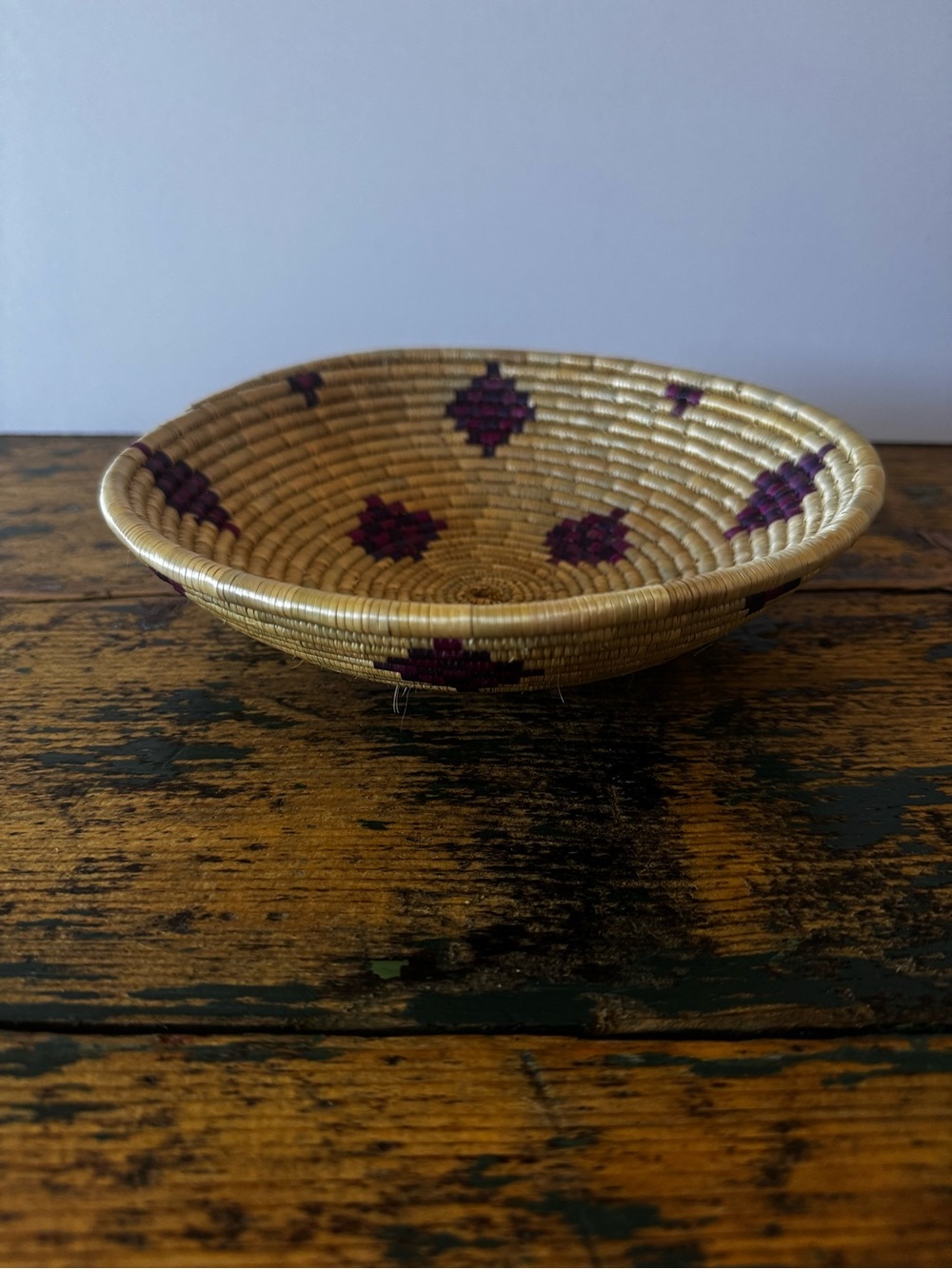 Handwoven Natural Fiber Decorative Bowl with Purple Accents